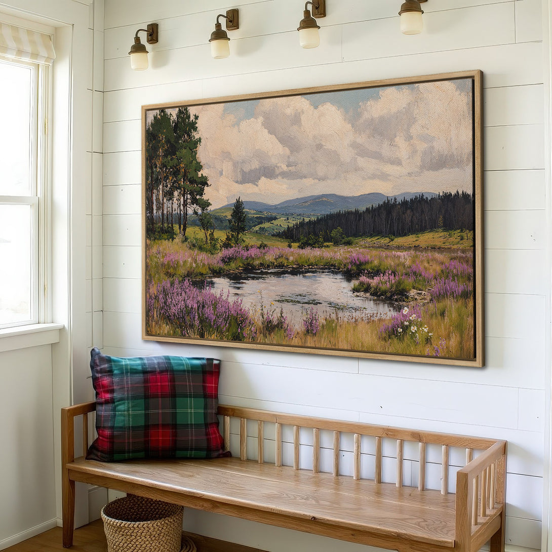 Framed Wall Art: Landscape Canvas Print with a serene pond scene, featuring a soft, pastel color palette. Perfect for adding a touch of nature to your home.