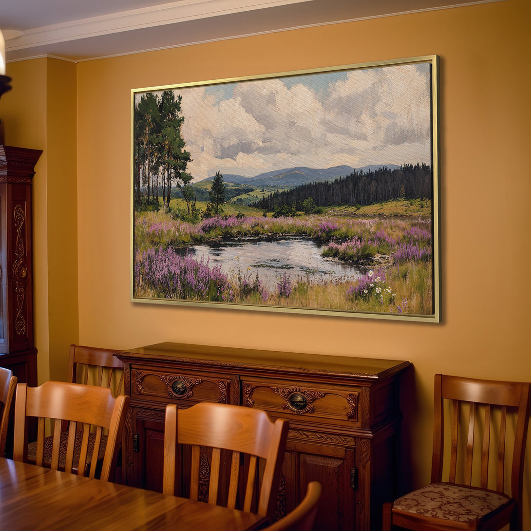 Canvas Print of a serene landscape painting in a warm, neutral-toned living room. Featuring a pond, trees, and purple flowers. Perfect wall art!