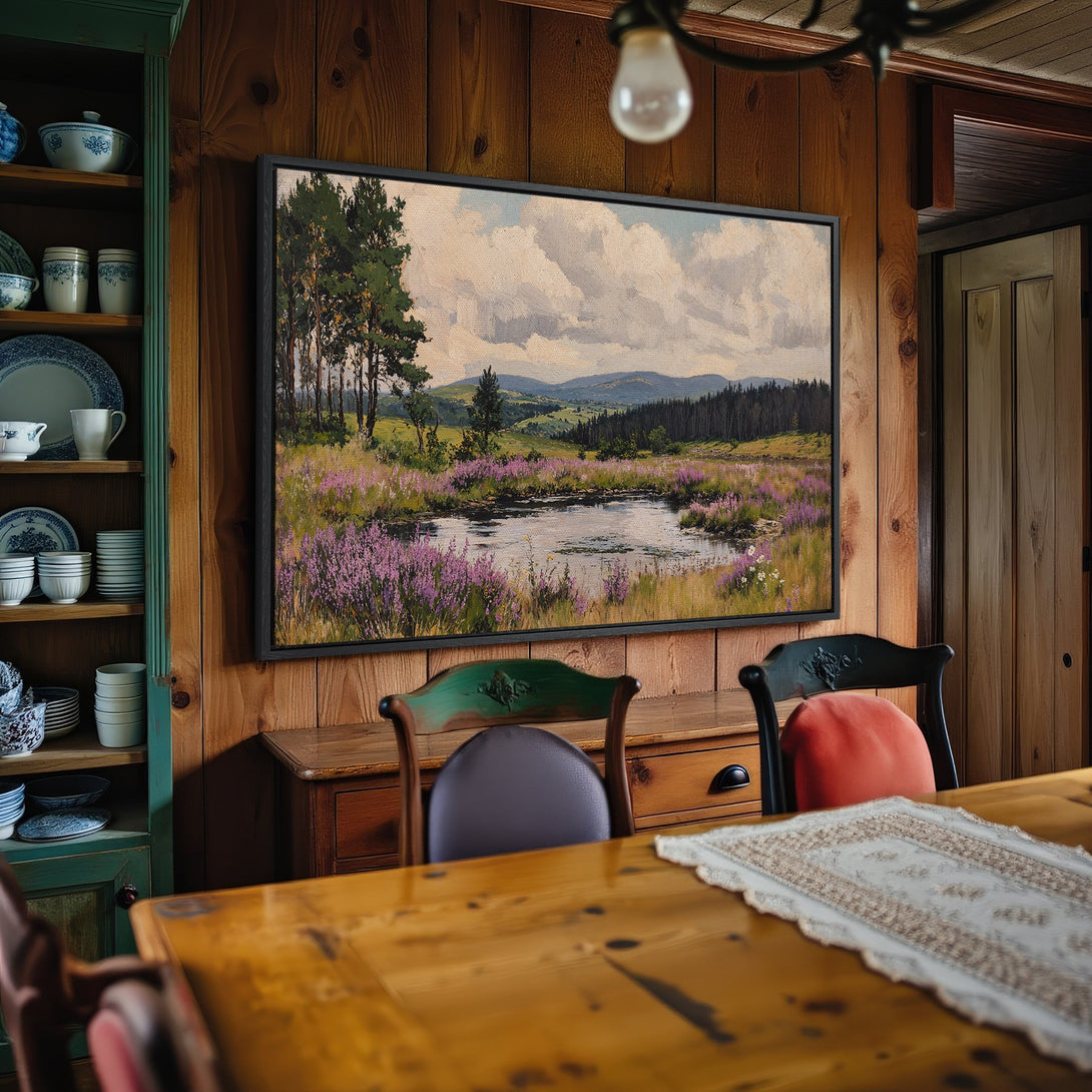 Framed Wall Art: Landscape Canvas Print with a serene pond scene, featuring a soft, impressionistic style and a calming palette of greens, blues, and purples.