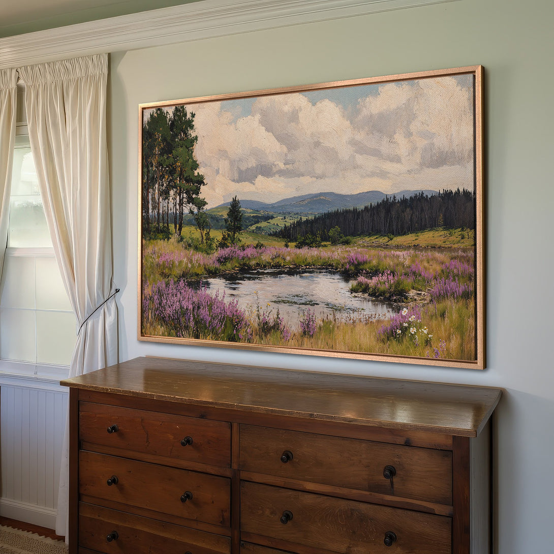 Framed Wall Art: Landscape Canvas Print with purple flowers, green trees, and a pond. Warm, earthy tones in a classic style.