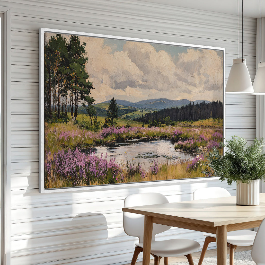 Framed Wall Art: Landscape painting of a pond and purple flowers. Impressionistic style with green, purple, and neutral tones. Perfect for home decor.