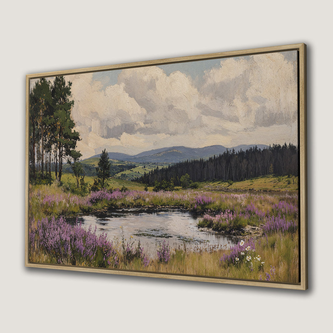 Canvas Print of a serene landscape painting with a pond, purple flowers, and a natural color palette. Framed wall art for home decor.