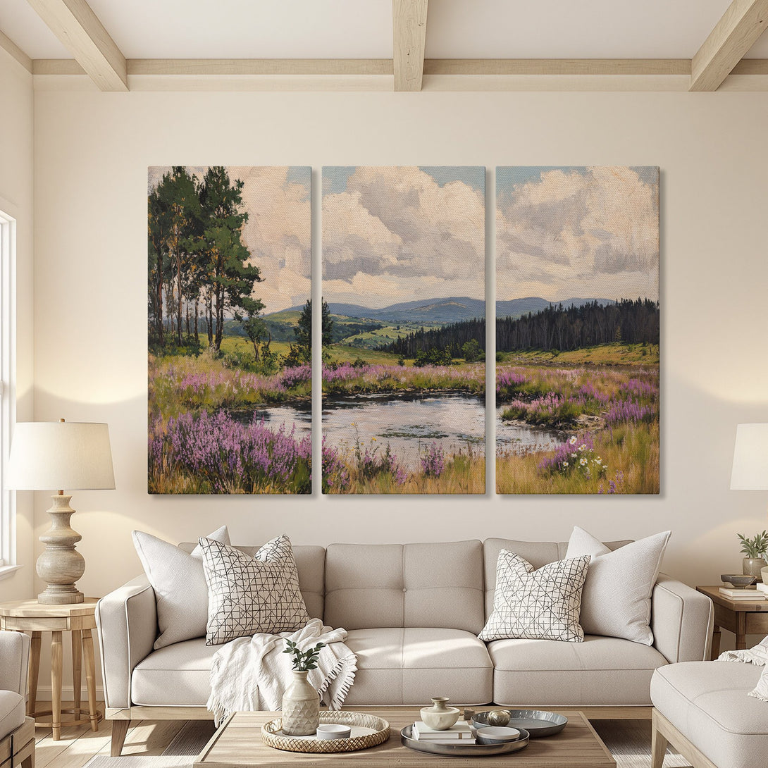 Canvas Print of a serene landscape painting in a warm, neutral interior. Features a pond, purple flowers, and a soft color palette. Perfect wall art!