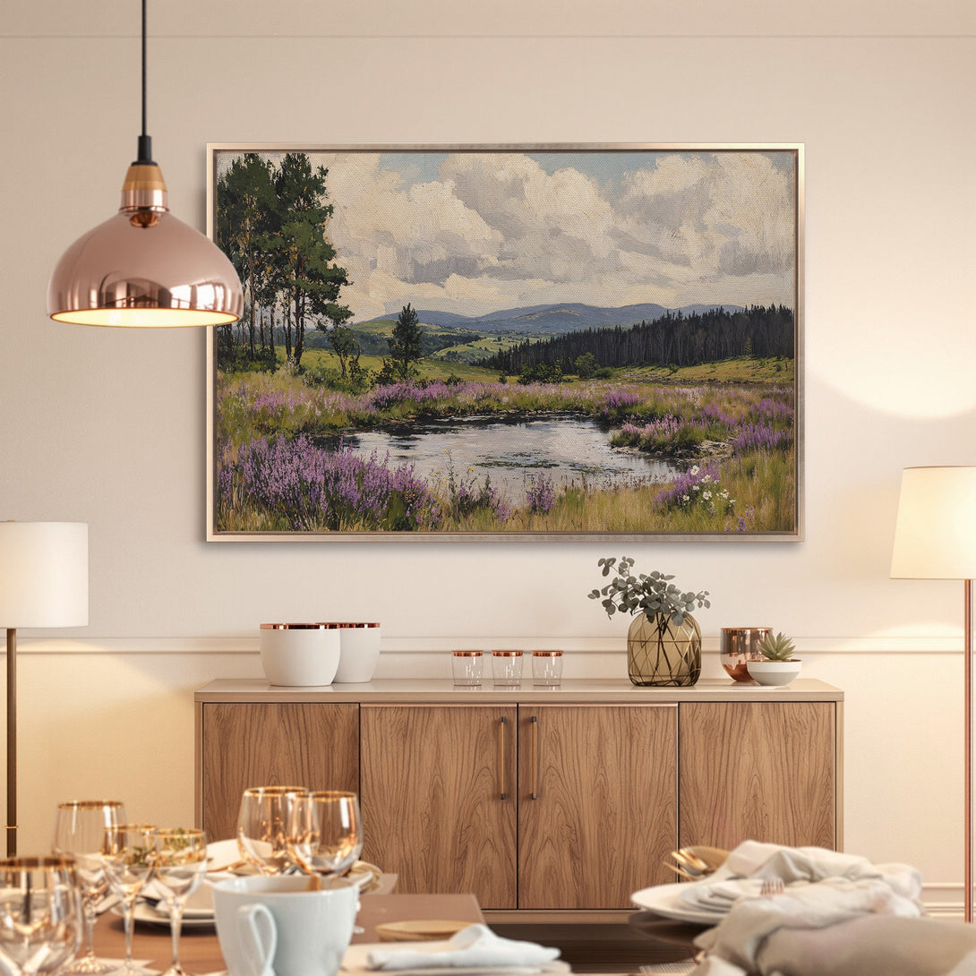 Framed Wall Art: Landscape painting in a classic style, featuring a pond with purple flowers. Earthy tones with pops of color. Perfect for any room.