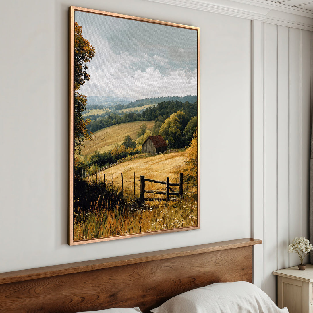 Framed Wall Art: Rustic landscape canvas print with warm, earthy tones. Perfect for adding a touch of nature and charm to your bedroom decor.