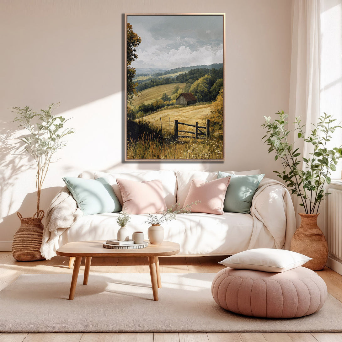 Framed Wall Art: Landscape Canvas Print with a barn in a field, warm neutral tones, and a serene, rustic style. Perfect for any home!