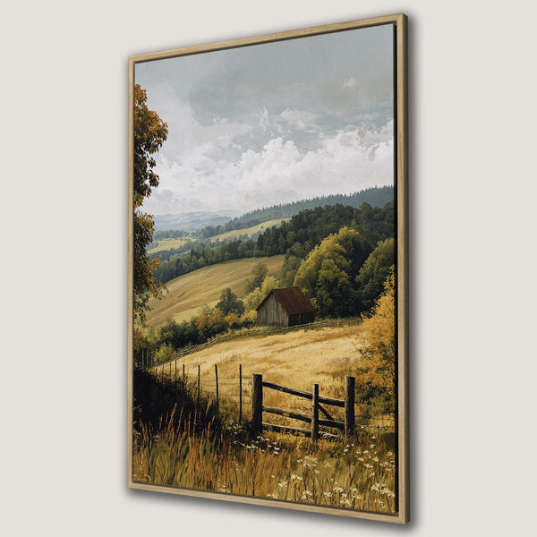 Framed Wall Art: Pastoral landscape Canvas Print with a barn, fence, and rolling hills in warm, earthy tones. Perfect for adding rustic charm to your home.