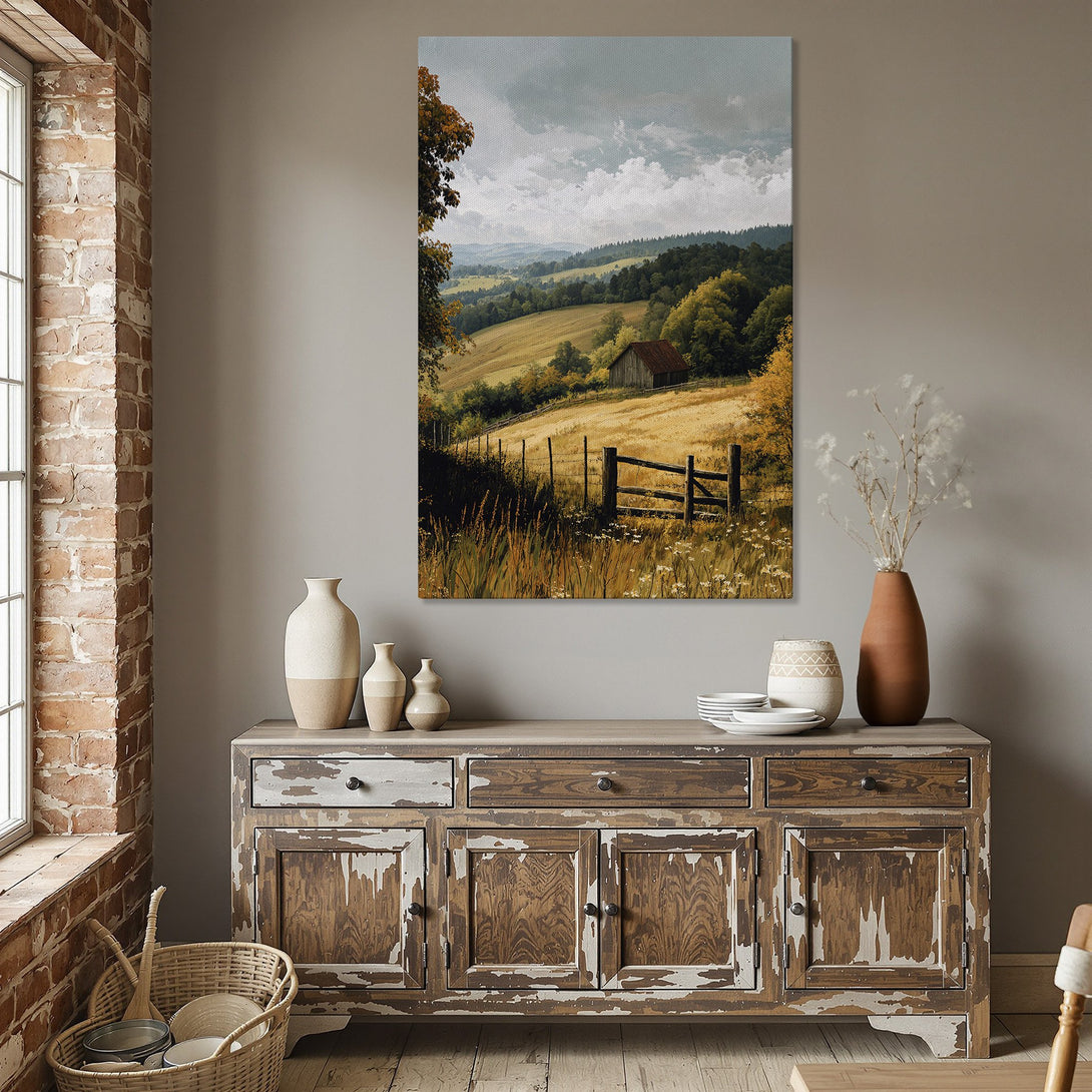 Framed Wall Art: Landscape painting of a rural scene in warm, earthy tones. Perfect for adding a touch of nature to your dining room.