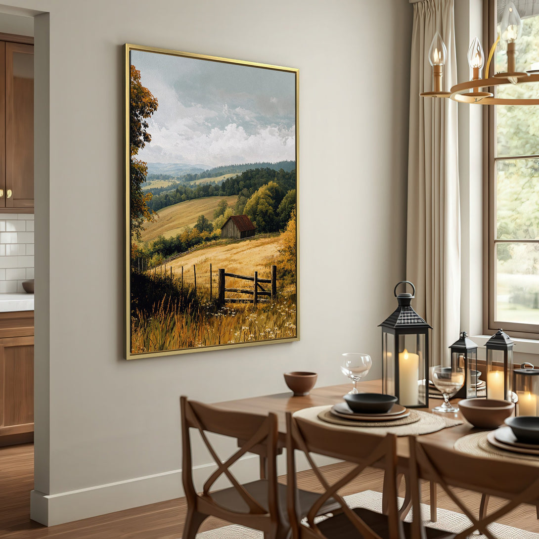 Canvas Print of a serene landscape with a barn, in a warm, rustic color palette. Perfect wall art for a cozy home.