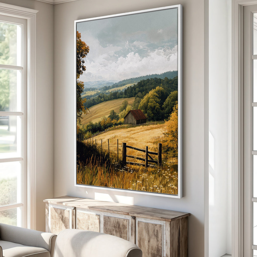 Framed Wall Art of a serene countryside landscape. Warm, earthy tones of gold, green, and brown create a cozy aesthetic. Perfect for adding a touch of nature to your space.