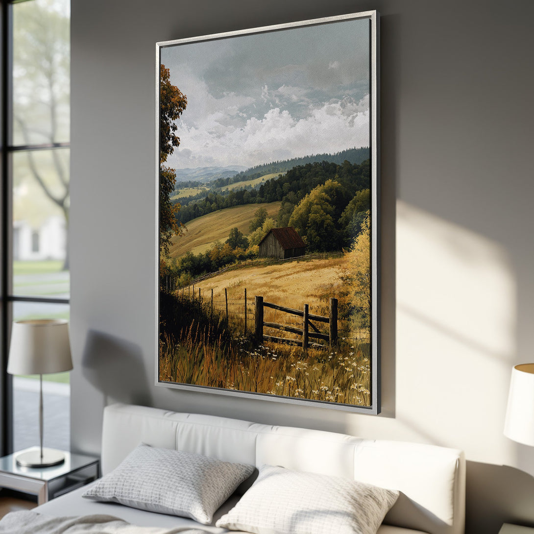Framed Wall Art of a serene landscape with a barn. Warm, earthy tones dominate this canvas print, perfect for adding a touch of nature to your home decor.