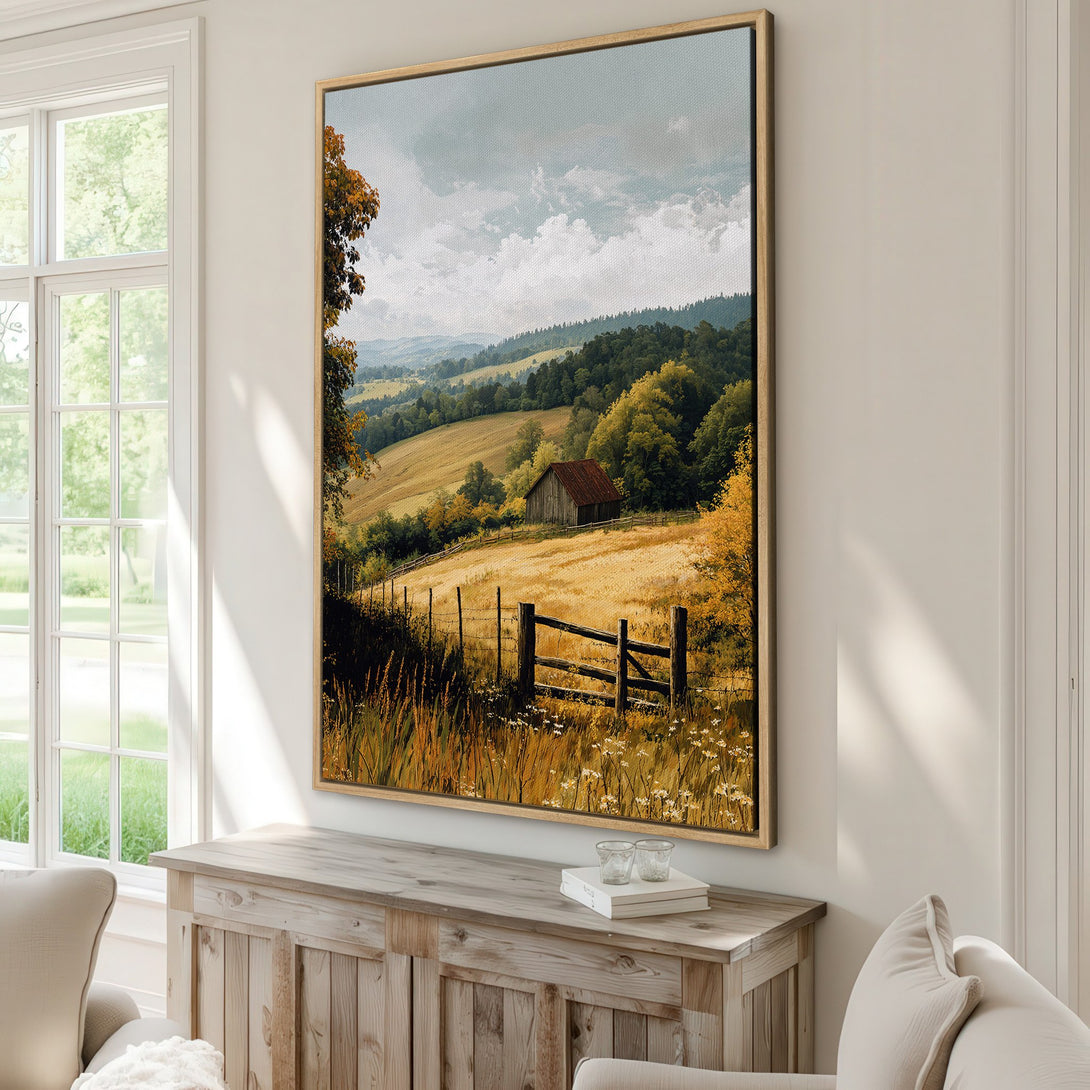 Framed Wall Art: Scenic landscape Canvas Print with a barn, featuring a warm, autumnal color palette. Perfect for adding rustic charm to your home decor.