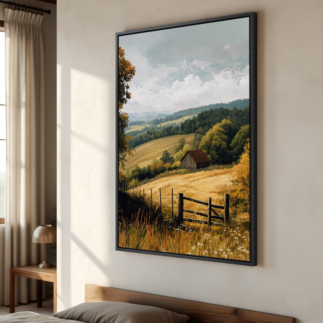 Framed Wall Art: Landscape Canvas Print of a barn in a field, warm yellow and green tones. Perfect for farmhouse decor.