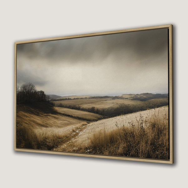 Canvas Print of a serene landscape with rolling hills. Earthy tones of brown and beige create a calming, rustic aesthetic. Perfect wall art!