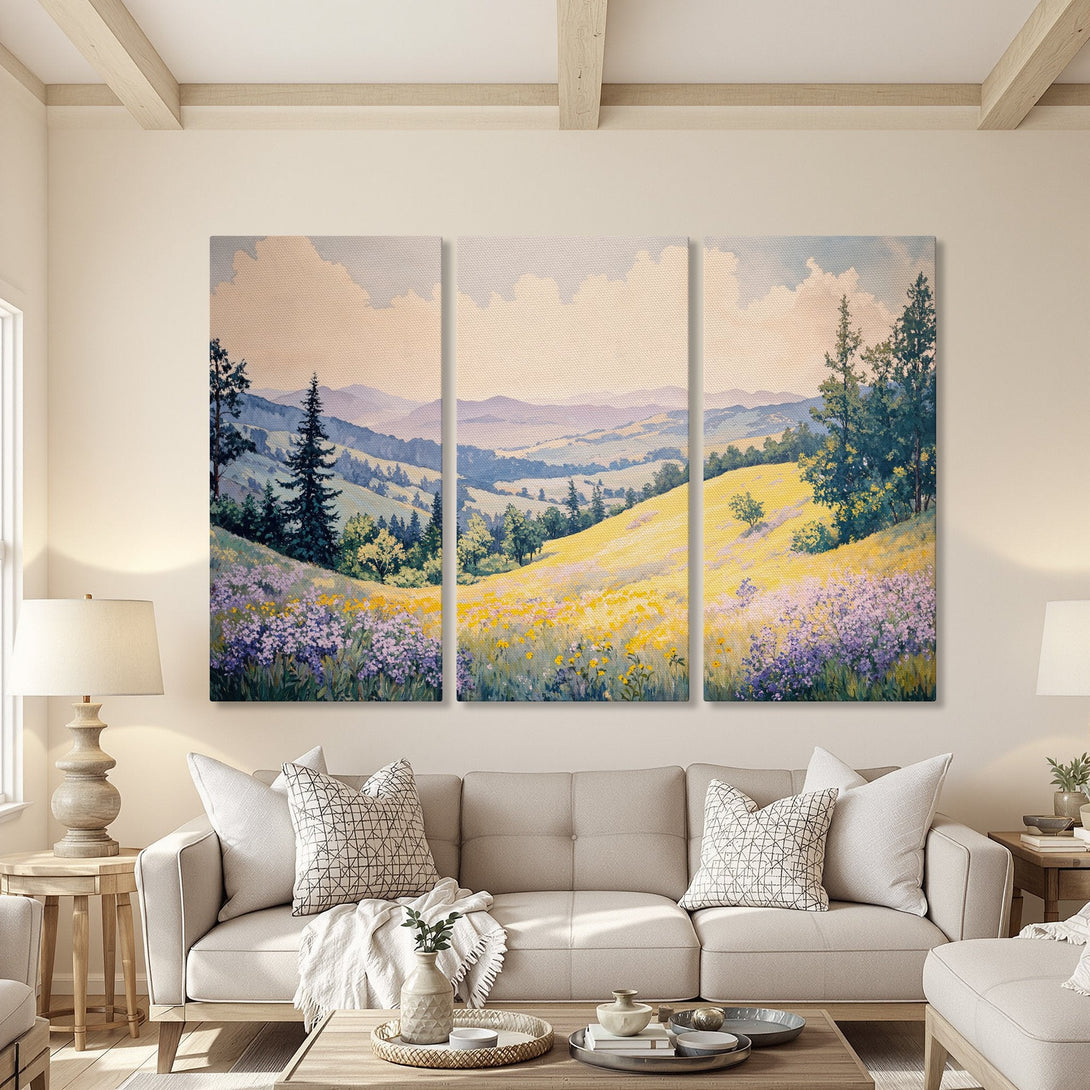 Canvas Print of a serene landscape painting in a light, airy interior. Features a soft, pastel color palette with rolling hills and wildflowers.