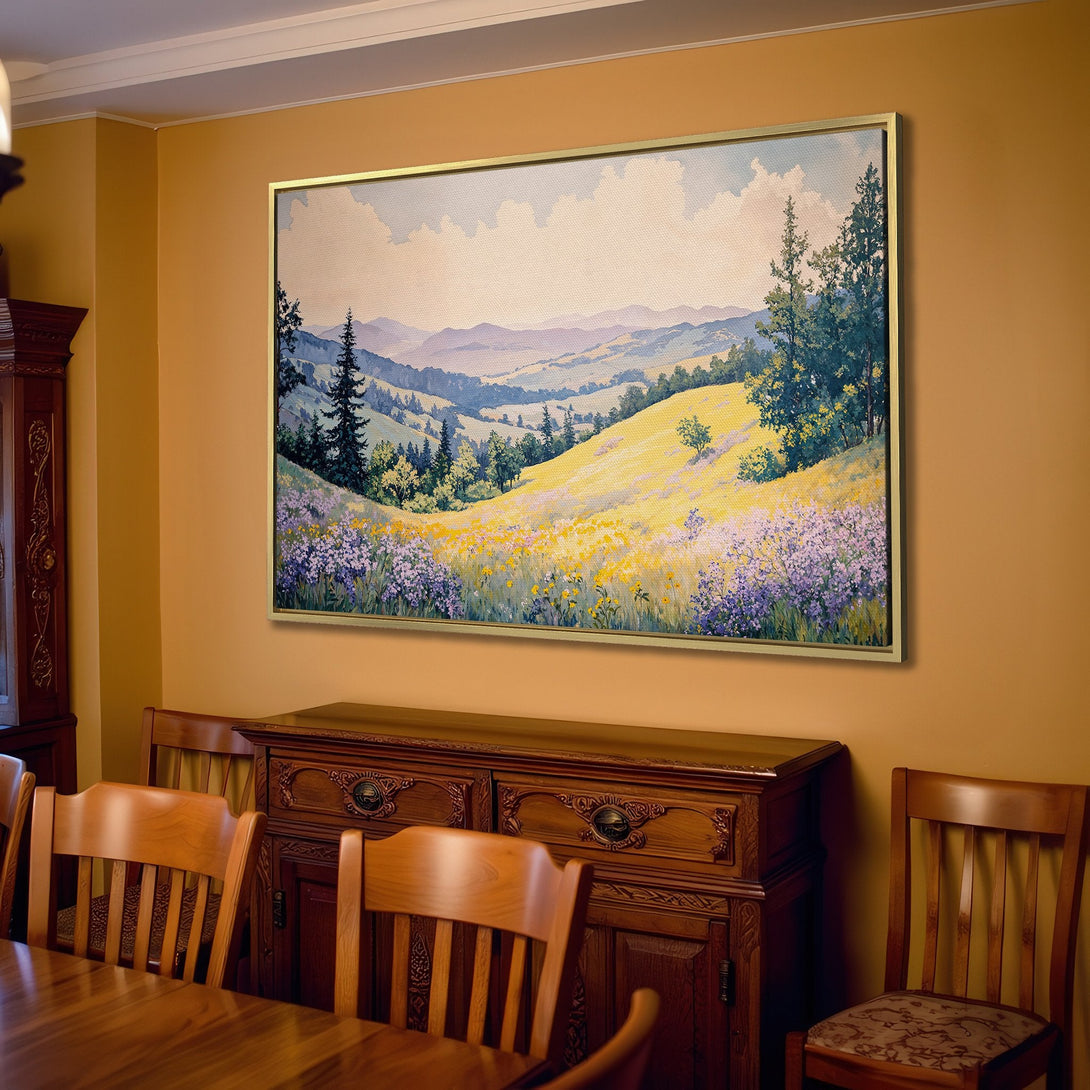 Canvas Print of a serene landscape painting, featuring a yellow and purple field, in a neutral color palette. Perfect for home decor.