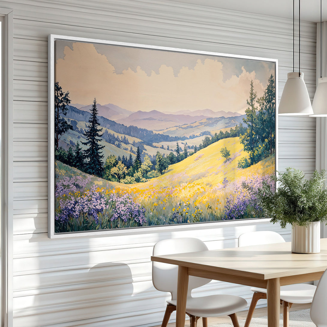 Framed Wall Art of a serene landscape with rolling hills and wildflowers. Soft watercolor style with a warm, inviting yellow and blue color palette.