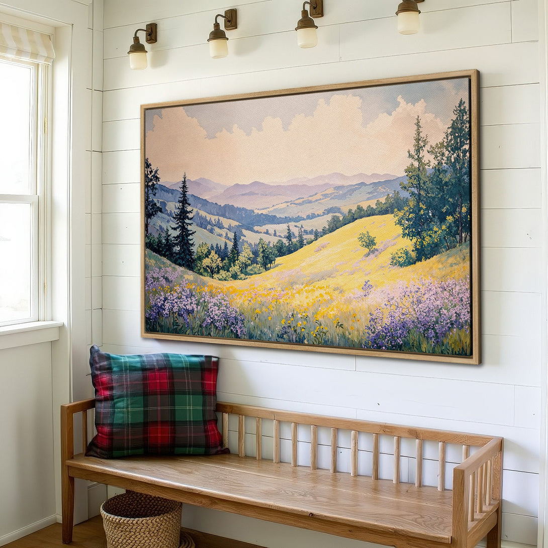 Framed Wall Art: Landscape Canvas Print with rolling hills, wildflowers, and a warm, inviting color palette. Perfect for adding a touch of nature to your home.