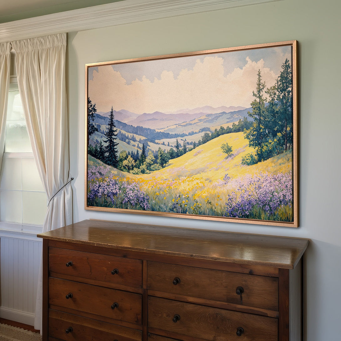 Framed Wall Art: Landscape Canvas Print in warm tones. Features a vibrant meadow scene with yellow and purple flowers, perfect for home decor.