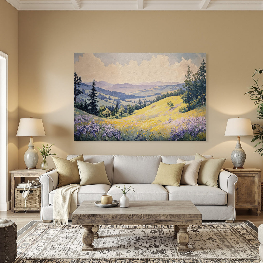 Framed Wall Art: Watercolor landscape Canvas Print with yellow, purple, and green hues. Adds a touch of nature to any room.