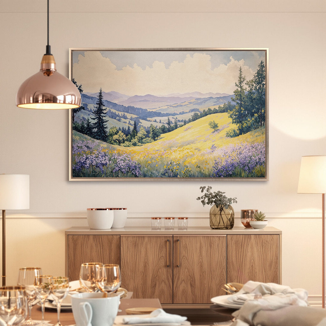 Framed Wall Art: Landscape painting with rolling hills and vibrant yellow, purple, and green hues. Perfect for adding a touch of nature to your home.