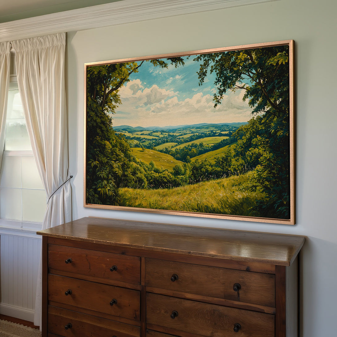 Framed Wall Art of a serene landscape. Lush green hills under a blue sky with a warm color palette. Perfect for adding a touch of nature to your home.