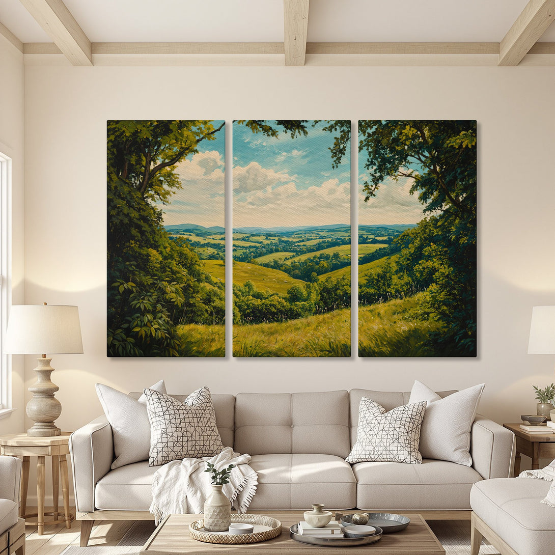 Canvas Print of a serene landscape painting with a green and blue color palette, displayed in a cozy living room. Perfect wall art!