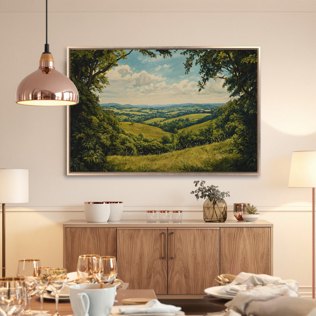 Framed Wall Art: Landscape painting with green fields and blue sky. Classic style, warm color palette. Perfect for your living room!