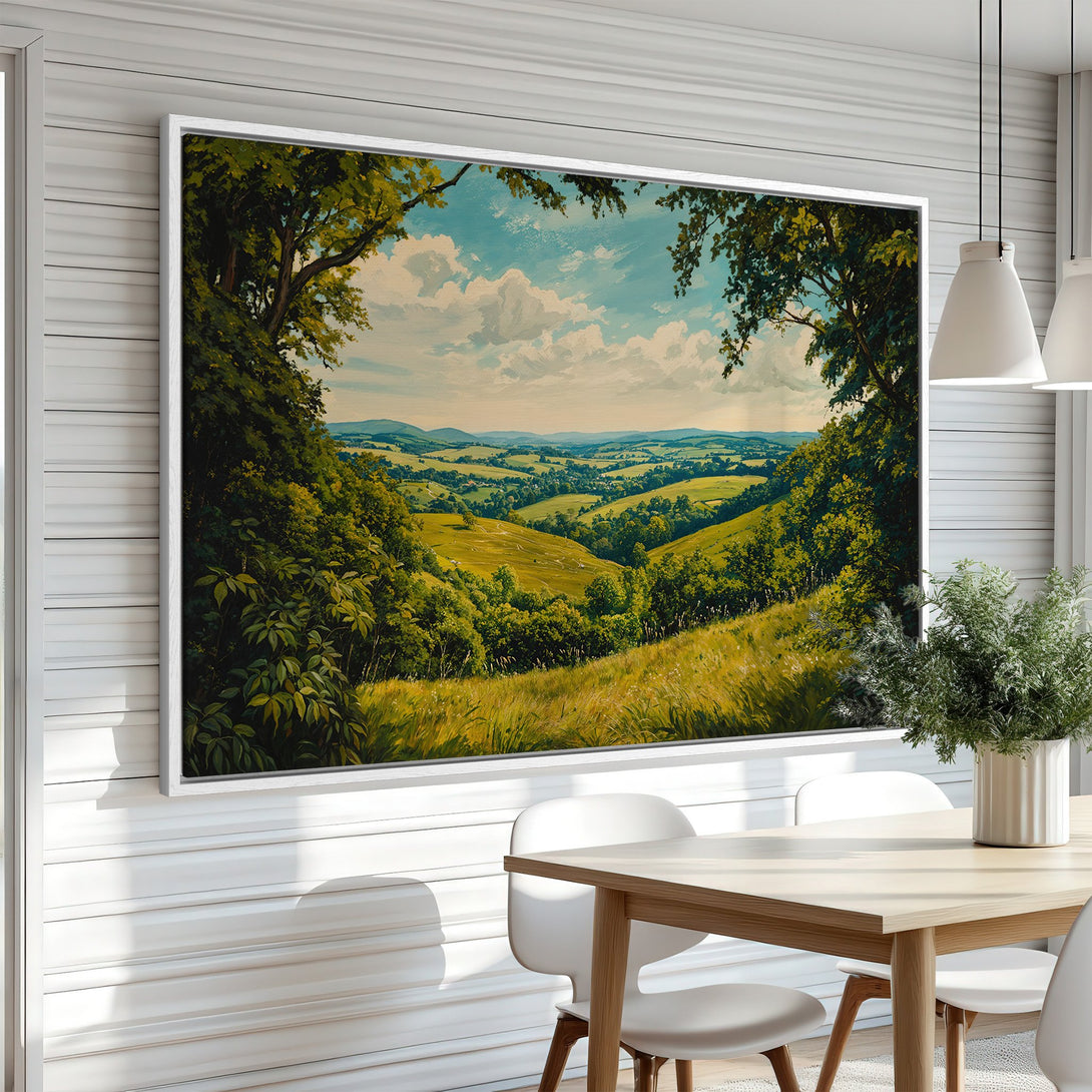Framed Wall Art featuring a serene landscape painting in a dining room. Green, blue, and yellow color palette. Perfect for adding a touch of nature to your home.