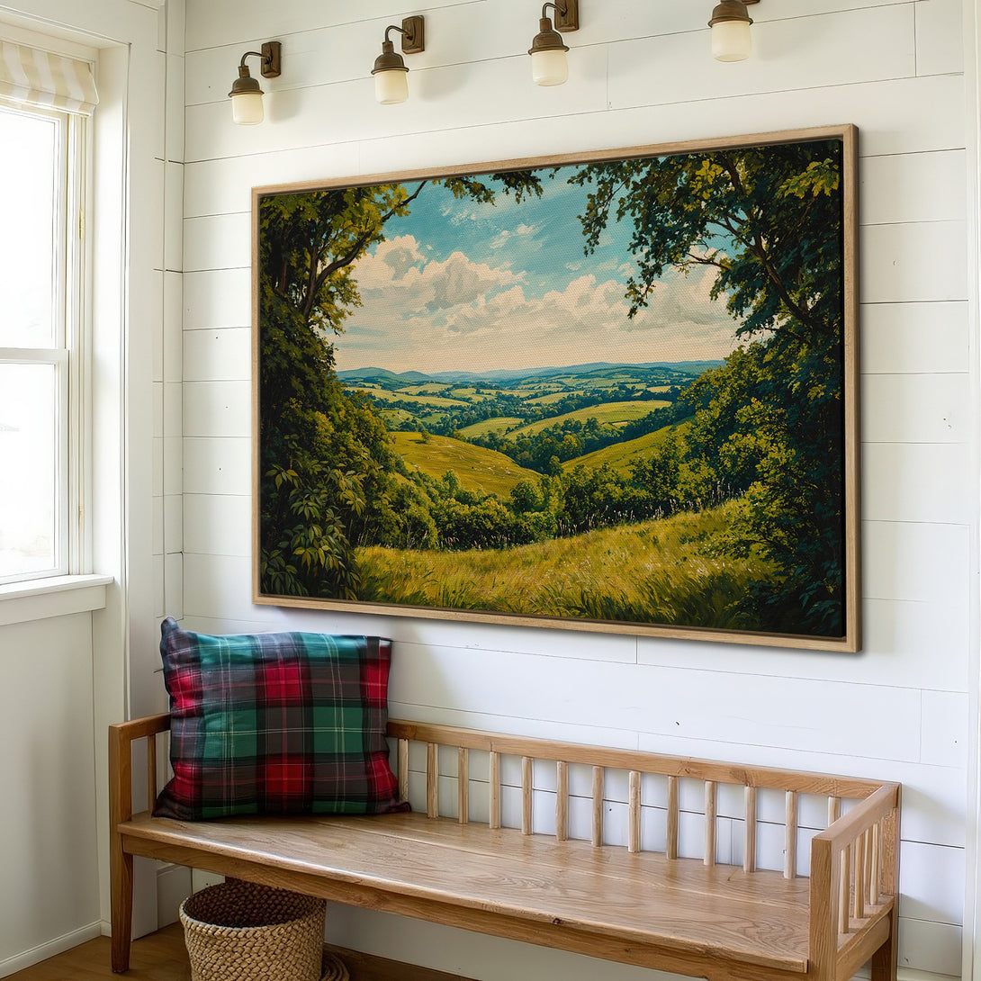 Framed Wall Art of a scenic landscape in a cozy interior. Green and gold color palette creates a calming atmosphere. Perfect for home decor.
