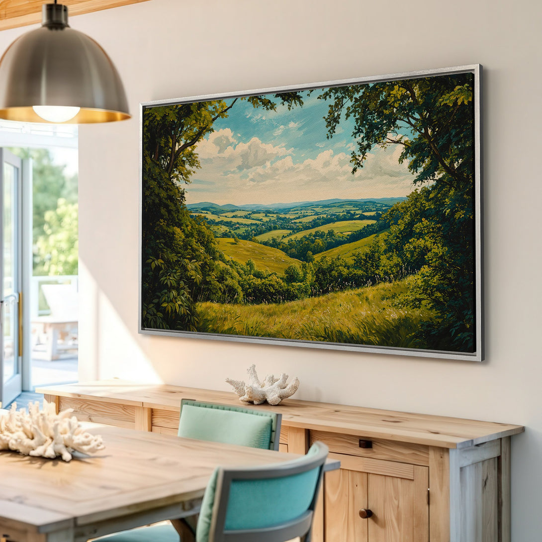Framed Wall Art: Landscape Canvas Print in a bright interior. Featuring a serene green and blue countryside scene, perfect for adding a touch of nature to your home.
