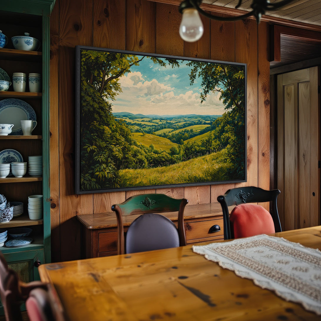 Framed Wall Art: Landscape Canvas Print in warm green, blue, and yellow tones. Rustic style art adds charm to any interior. Shop now!