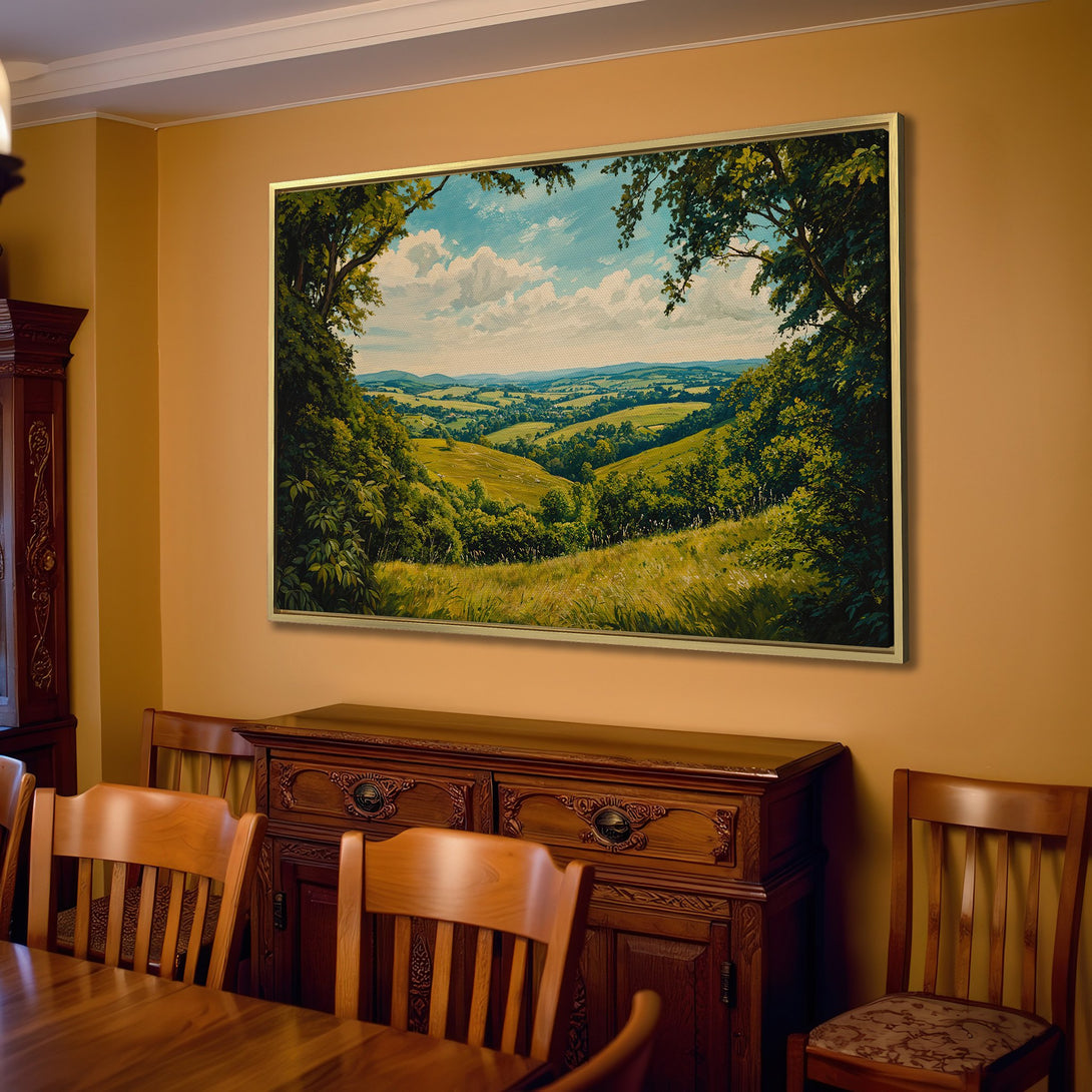 Canvas Print of a serene landscape painting with green and blue hues, displayed in a cozy living room.