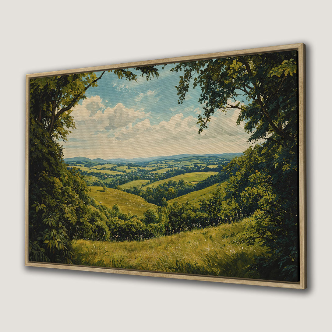 Framed Wall Art: Scenic landscape Canvas Print. Green rolling hills, blue sky, and lush trees in a classic painting style. Add nature's beauty to your home!