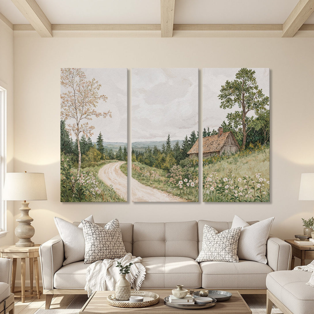 Canvas Print featuring a serene landscape with a winding road, cabin, and trees. Soft, watercolor style in muted greens, browns, and creams.