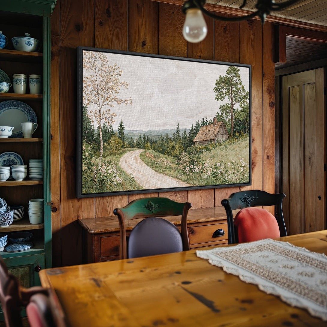 Framed Wall Art: Rustic landscape canvas print with neutral tones, perfect for farmhouse decor. Adds warmth and style to any room.