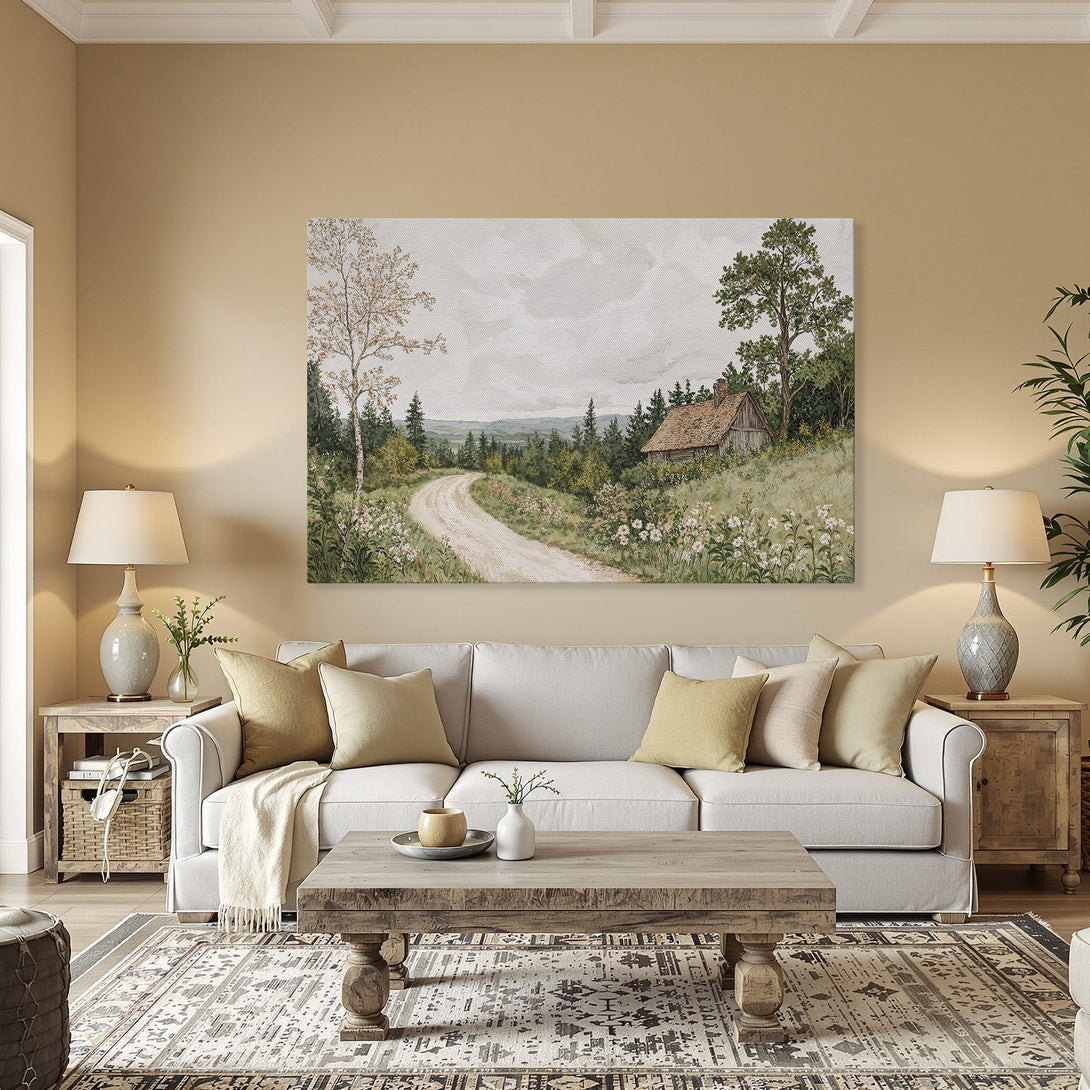 Framed Wall Art: Scenic landscape Canvas Print in warm earth tones. Rustic cabin scene with a winding road, perfect for adding a touch of nature to your home.