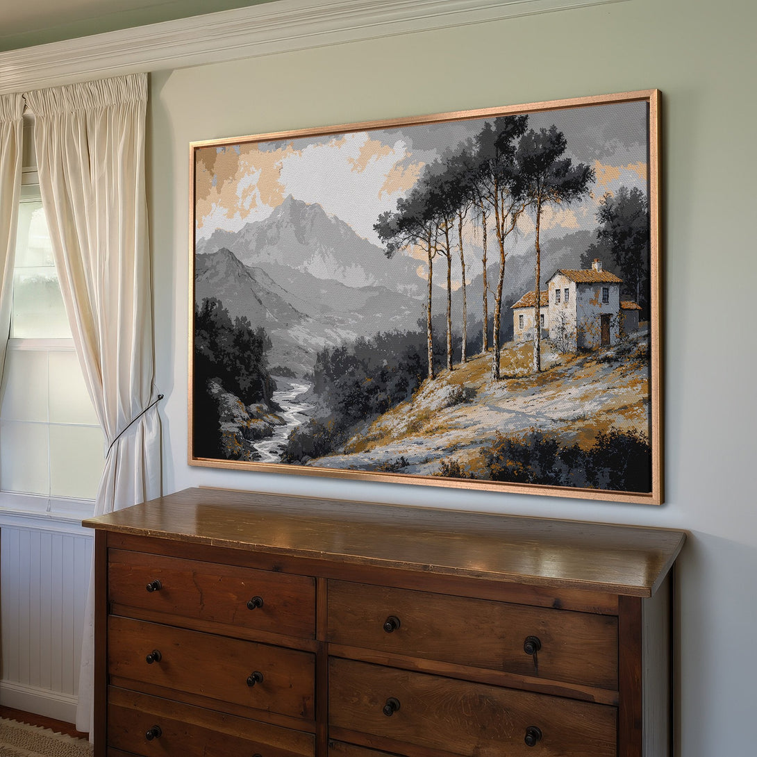 Framed Wall Art: Landscape Canvas Print with a serene mountain scene in grayscale and gold tones, perfect for home decor.