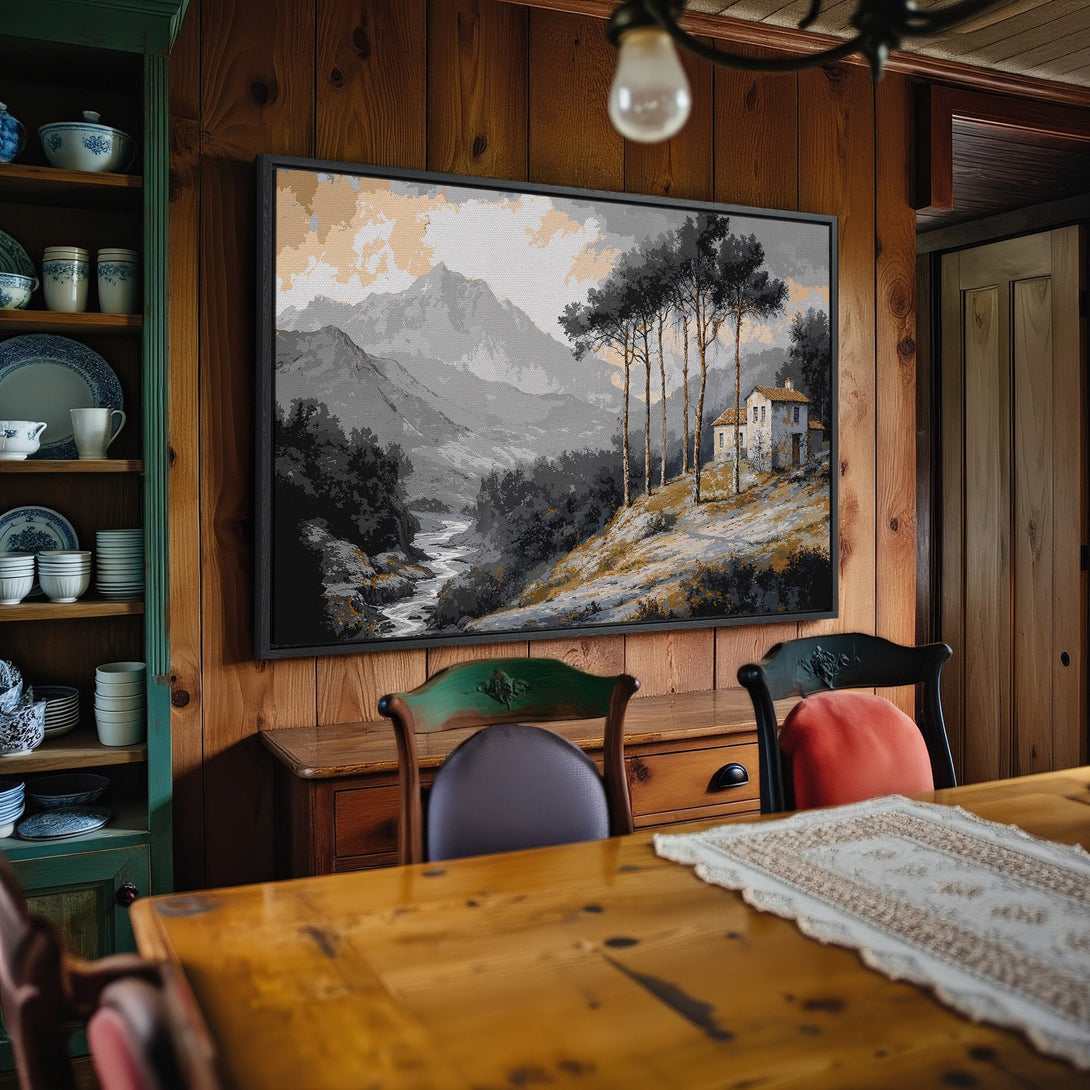 Framed Wall Art: Mountain landscape canvas print in neutral tones. Perfect for adding a touch of nature-inspired art to your home.