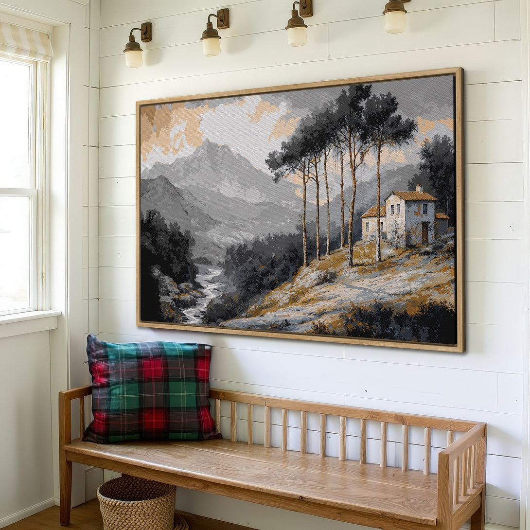Framed Wall Art: Landscape Canvas Print with a neutral color palette, featuring a mountain scene and a house. Perfect for rustic decor.