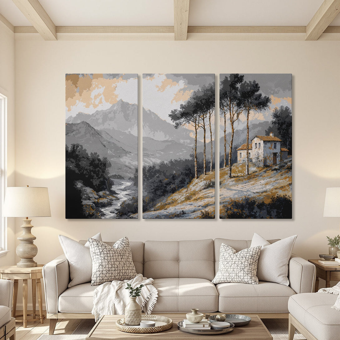 Canvas Print of a serene landscape with mountains, trees, and a house. Features a neutral color palette with gray, black, and gold tones. Perfect wall art!