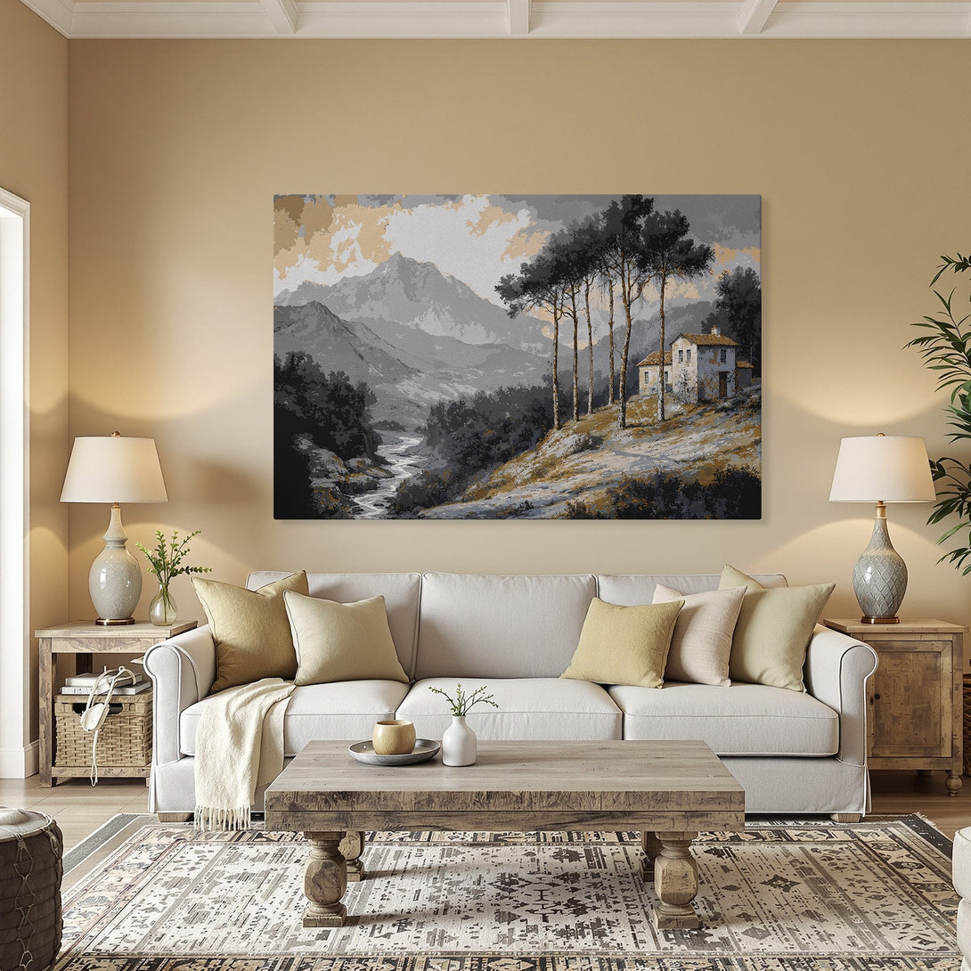 Framed Wall Art: Scenic landscape Canvas Print in neutral gray and gold tones. Perfect for adding a touch of elegance to your home decor.