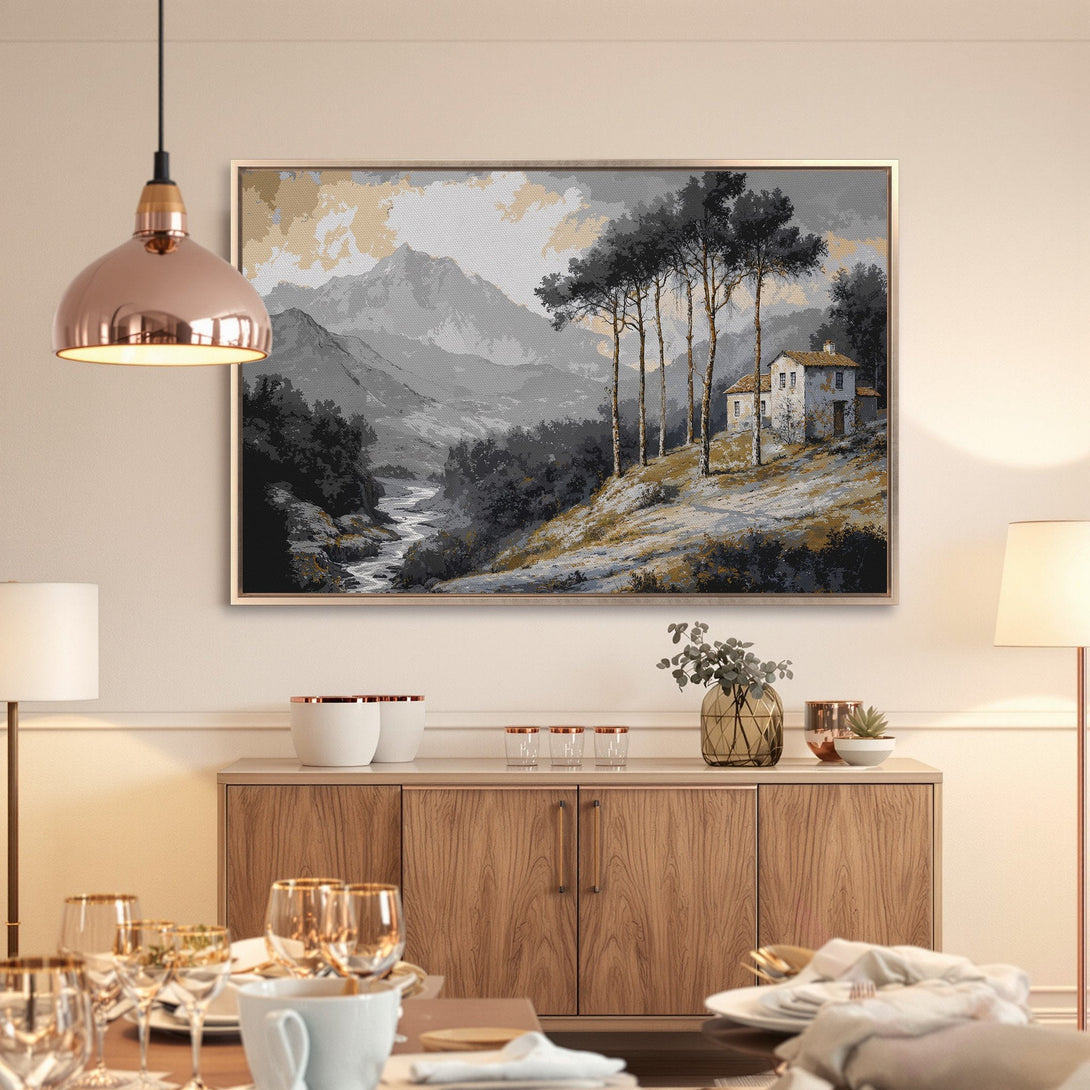 Framed Wall Art: Landscape Canvas Print with a serene mountain scene in neutral gray, gold, and black tones. Perfect for any home decor.