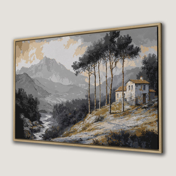 Framed Wall Art of a serene landscape with a house and trees. Featuring a muted color palette of gray, gold, and black. Perfect for any home.