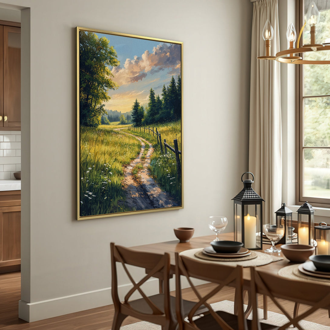 Canvas Print of a scenic landscape with a dirt road, warm yellow and green tones, and a rustic, farmhouse style. Perfect wall art!
