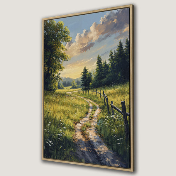 Framed Wall Art: Landscape canvas print of a sunlit path through a field. Warm, inviting colors with a natural, painterly style. Perfect for home decor.
