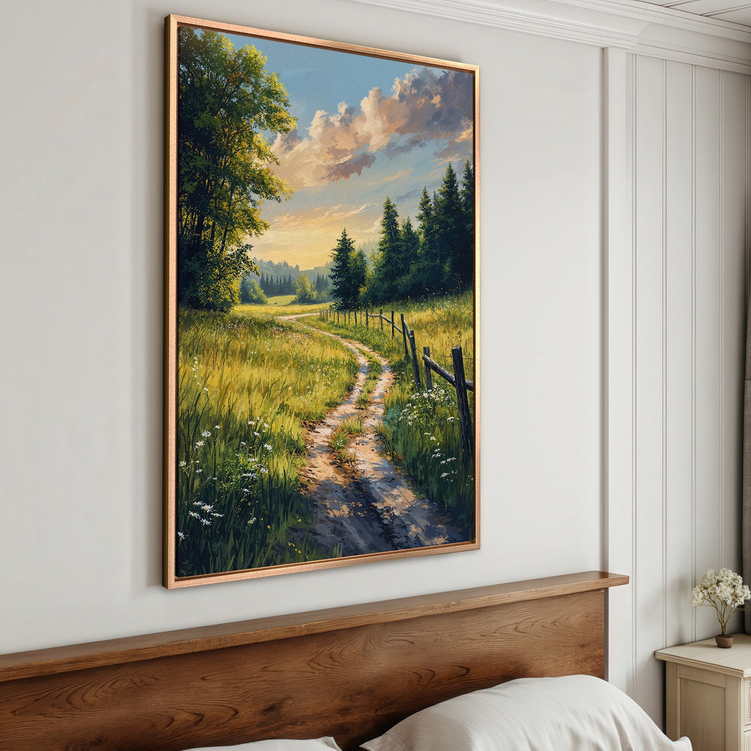 Framed Wall Art: Landscape Canvas Print featuring a scenic path through a field with a warm, natural color palette. Perfect for adding a touch of nature!
