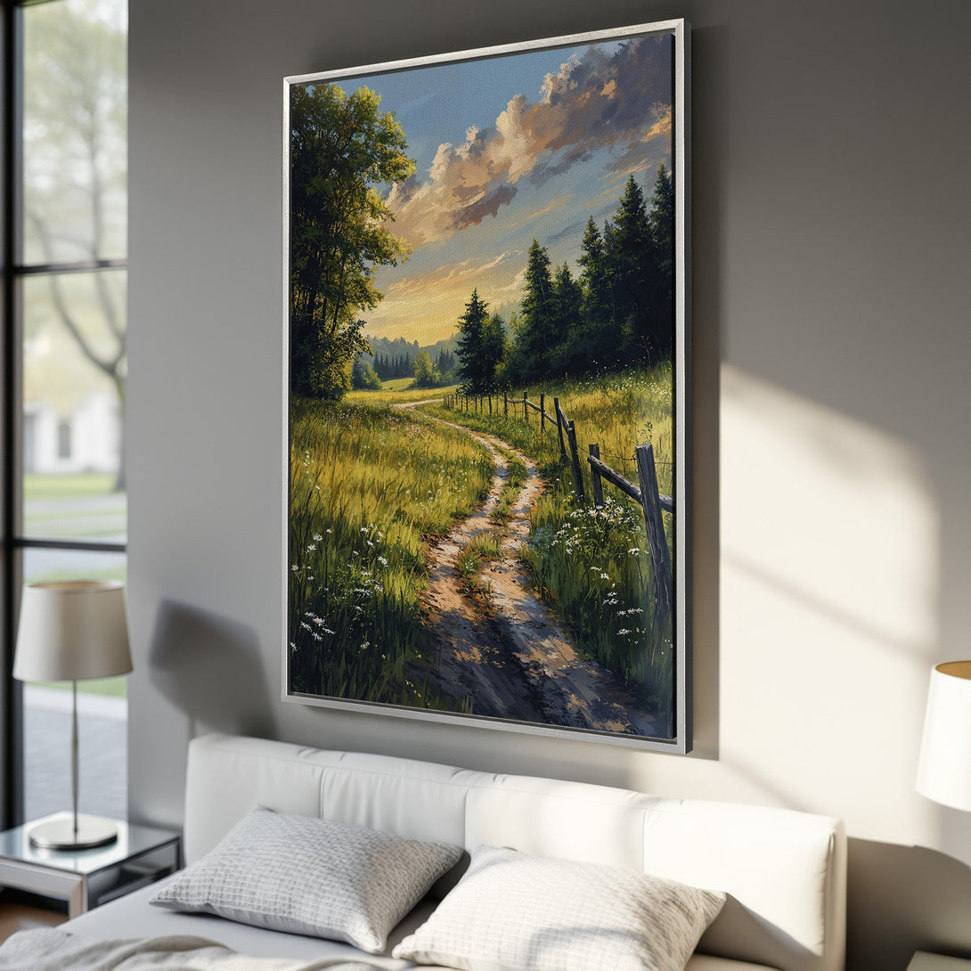 Framed Wall Art: Landscape painting of a path through a field, warm color palette with greens, yellows, and blues. Perfect for bedroom decor.