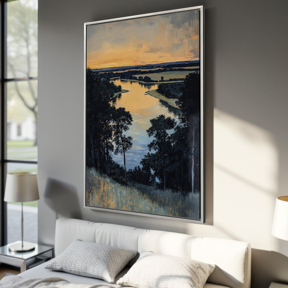 Framed Wall Art: Landscape Canvas Print.  Serene river scene in warm sunset colors.  Classic painting style adds elegance to any interior.