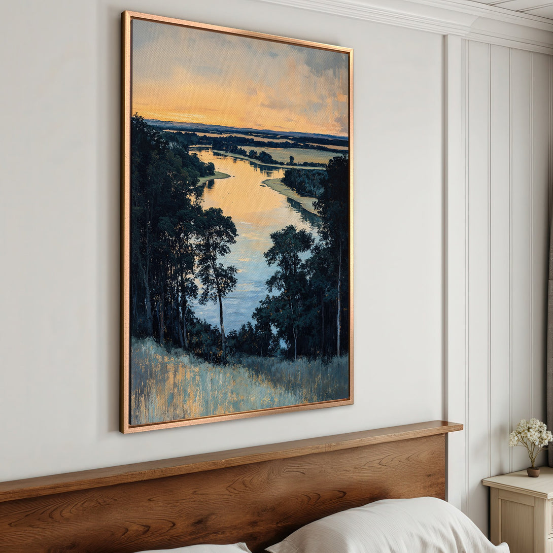 Framed Wall Art of a serene river landscape. Warm sunset colors and cool blues in a classic painting style. Perfect for adding a touch of nature to your home.